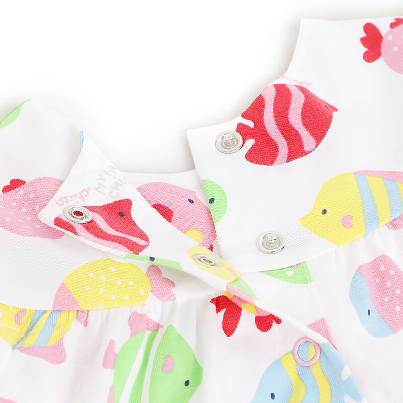 Girls White Fish Printed Short Sleeve Dress image number 3